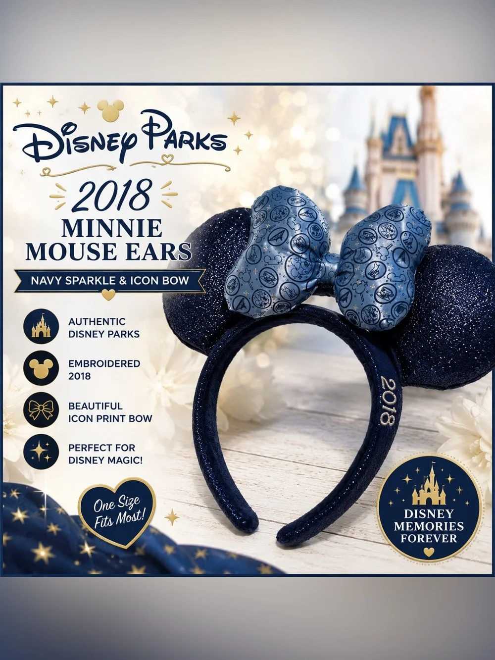 Disney Parks 2018 Navy Blue Glitter Minnie Mouse Ears Headband Blue Icon Bow